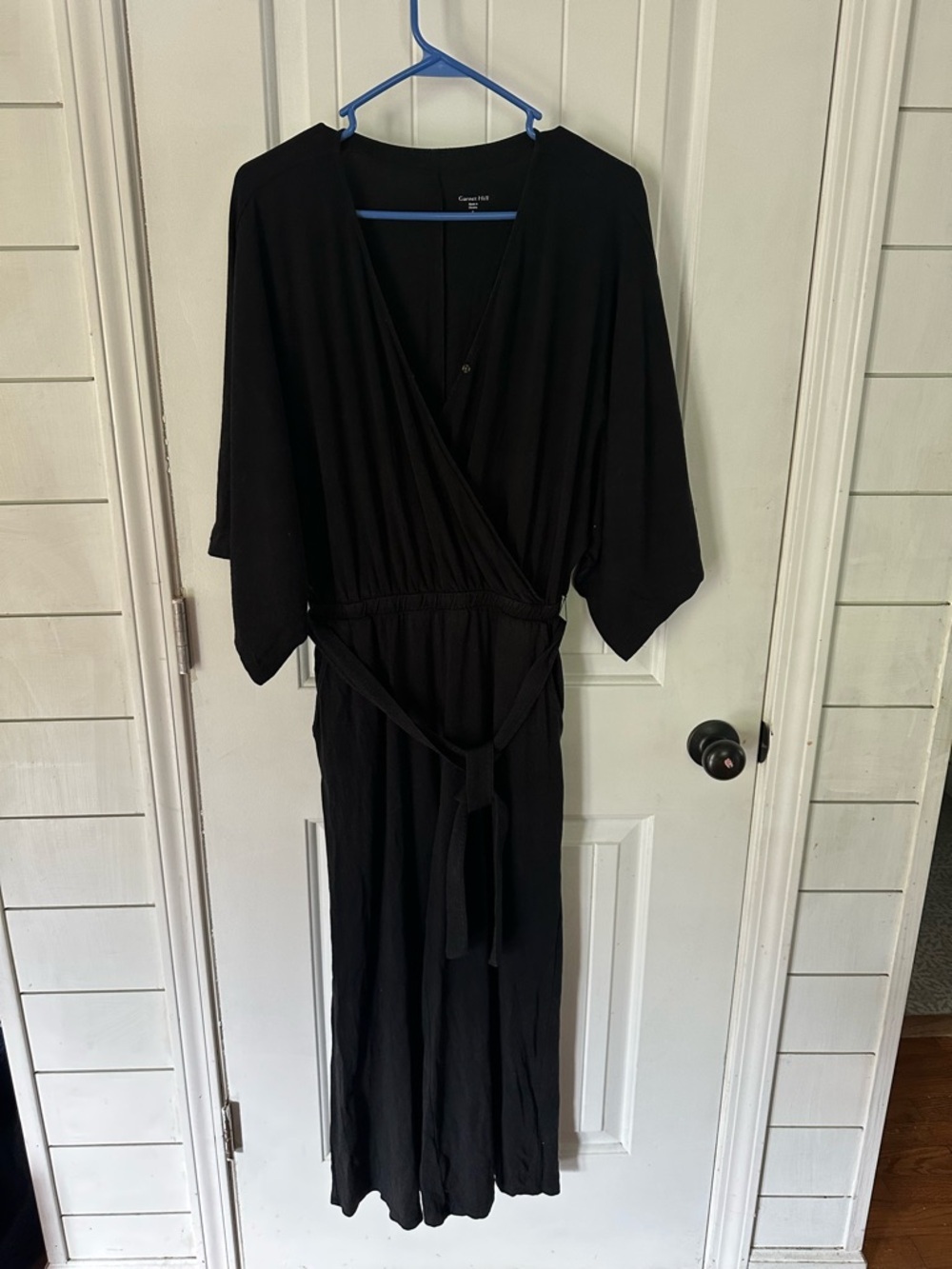 Garnet Hill Black Wrap V-Neck kimono Wide-Leg cropped Jumpsuit - Picture 2 of 7